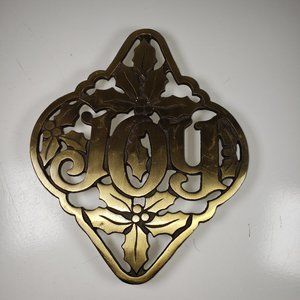 JOY Holiday Christmas Holly Poinsettia Brassy Trivet Flat Sitting or Hanging